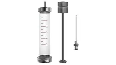 A metal syringe shown disassembled into three parts: the graduated barrel, plunger, and needle.
