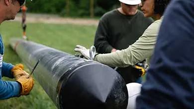 Workers in gloves and safety gear surround a large black cylindrical object with a pointed tip on a grassy field. One holds a tool while another inspects the object.