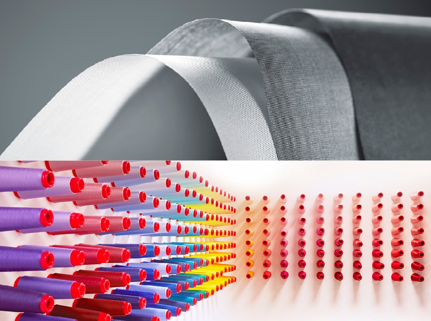 Composite image with two sections: the top shows curved layers of textured gray woven fabric; the bottom displays rows of colorful thread spools arranged in a gradient from purple and blue to yellow, orange, and red, with the spools decreasing in size toward the right.
